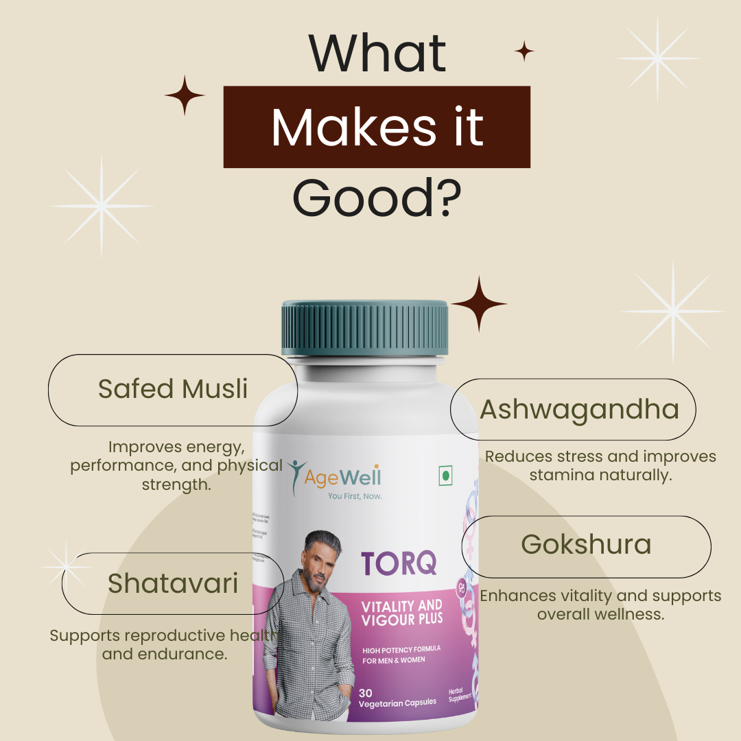 AgeWell Torq Safed Musli Capsule for Men and Women | Natural Energy, Immunity Boost, Stamina & Stress Relief | Shatavari, Ashwagandha & Herbals Enhances Performance & Body Strength | 30 Capsules