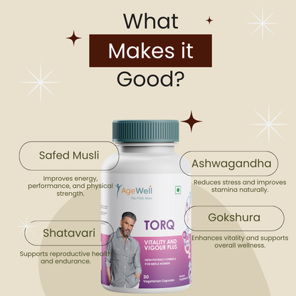AgeWell Torq Safed Musli Capsule for Men and Women | Natural Energy, Immunity Boost, Stamina & Stress Relief | Shatavari, Ashwagandha & Herbals Enhances Performance & Body Strength | 30 Capsules