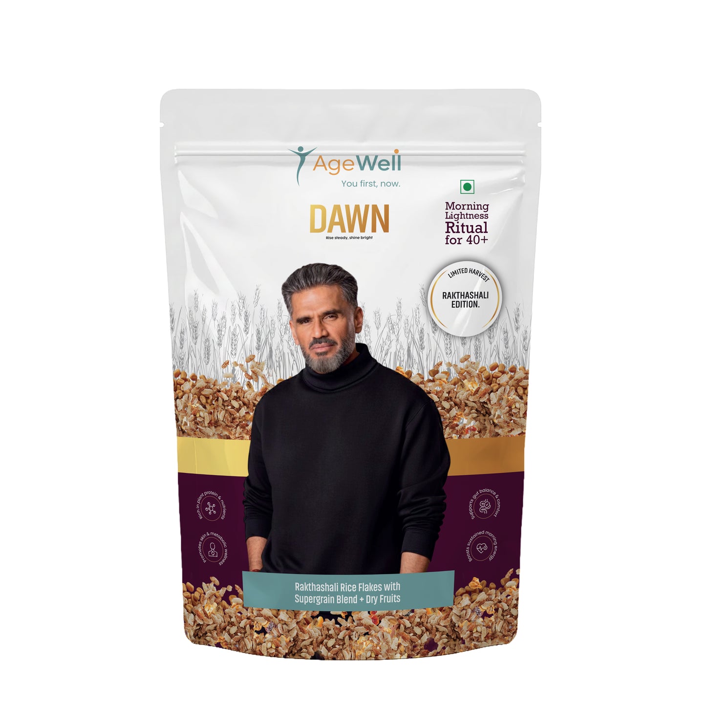 DAWN Rakthashali Breakfast Cereal for Adults 40+ | Ancient Kerala Red Rice Flakes with Dry Fruits, Almonds & Seeds | No Added Sugar | High Fibre Morning Wellness Mix | 500g