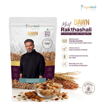 DAWN Rakthashali Breakfast Cereal for Adults 40+ | Ancient Kerala Red Rice Flakes with Dry Fruits, Almonds & Seeds | No Added Sugar | High Fibre Morning Wellness Mix | 500g