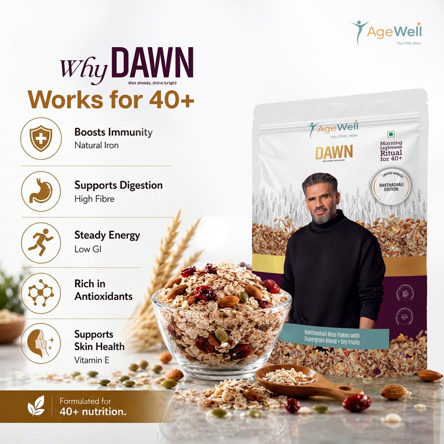 DAWN Rakthashali Breakfast Cereal for Adults 40+ | Ancient Kerala Red Rice Flakes with Dry Fruits, Almonds & Seeds | No Added Sugar | High Fibre Morning Wellness Mix | 500g