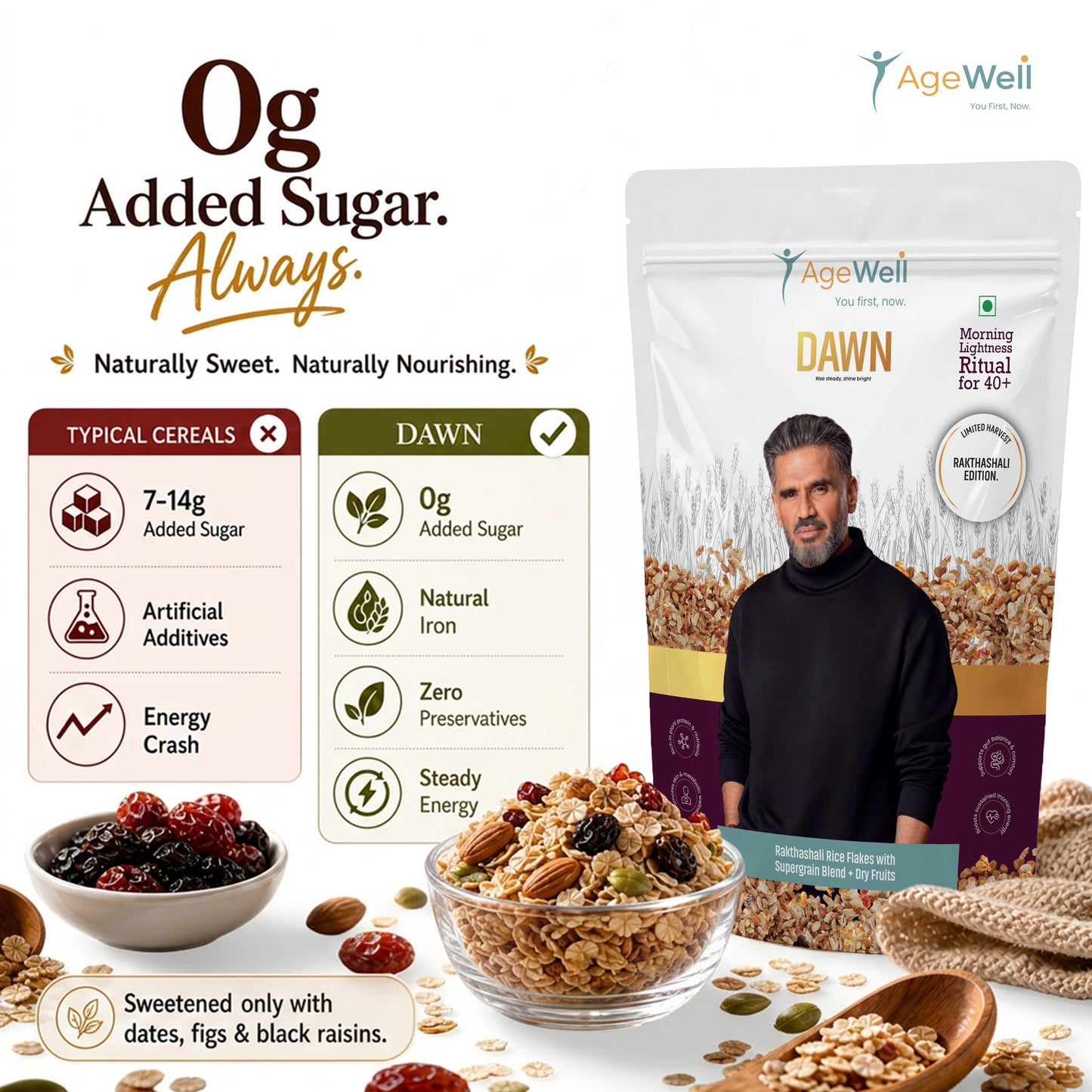 DAWN Rakthashali Breakfast Cereal for Adults 40+ | Ancient Kerala Red Rice Flakes with Dry Fruits, Almonds & Seeds | No Added Sugar | High Fibre Morning Wellness Mix | 500g