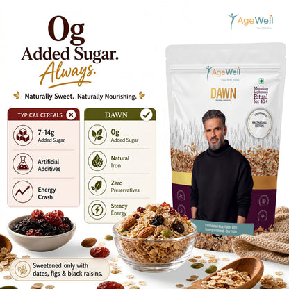 DAWN Rakthashali Breakfast Cereal for Adults 40+ | Ancient Kerala Red Rice Flakes with Dry Fruits, Almonds & Seeds | No Added Sugar | High Fibre Morning Wellness Mix | 500g