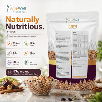 DAWN Rakthashali Breakfast Cereal for Adults 40+ | Ancient Kerala Red Rice Flakes with Dry Fruits, Almonds & Seeds | No Added Sugar | High Fibre Morning Wellness Mix | 500g