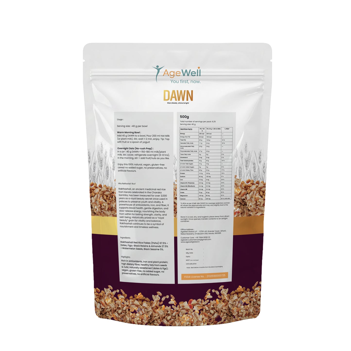 DAWN Rakthashali Breakfast Cereal for Adults 40+ | Ancient Kerala Red Rice Flakes with Dry Fruits, Almonds & Seeds | No Added Sugar | High Fibre Morning Wellness Mix | 500g