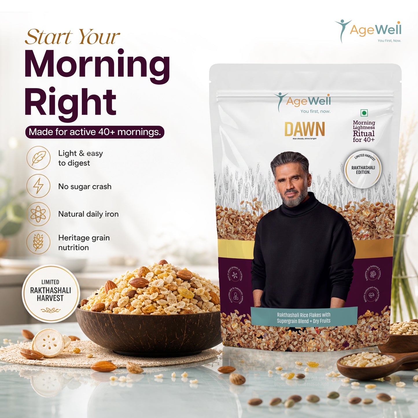 DAWN Rakthashali Breakfast Cereal for Adults 40+ | Ancient Kerala Red Rice Flakes with Dry Fruits, Almonds & Seeds | No Added Sugar | High Fibre Morning Wellness Mix | 500g
