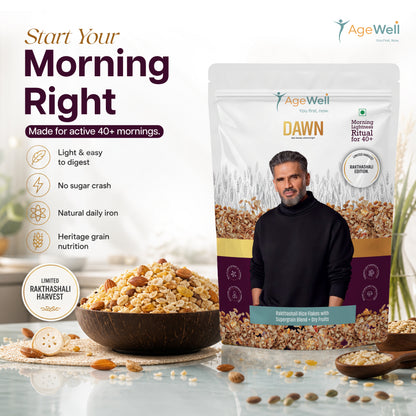 DAWN Rakthashali Breakfast Cereal for Adults 40+ | Ancient Kerala Red Rice Flakes with Dry Fruits, Almonds & Seeds | No Added Sugar | High Fibre Morning Wellness Mix | 500g